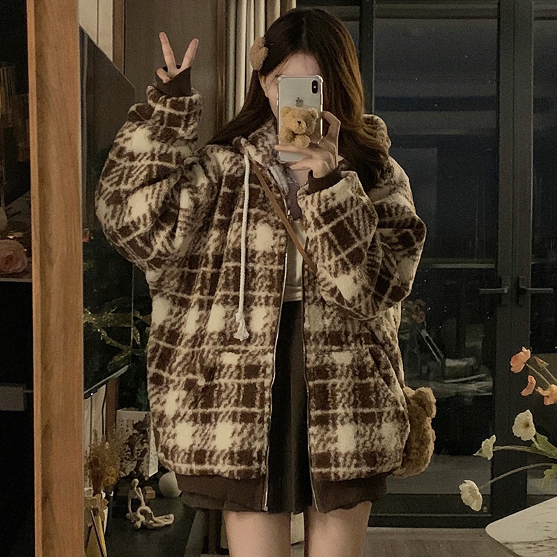 Winter plaid cotton coat long American style coat for women