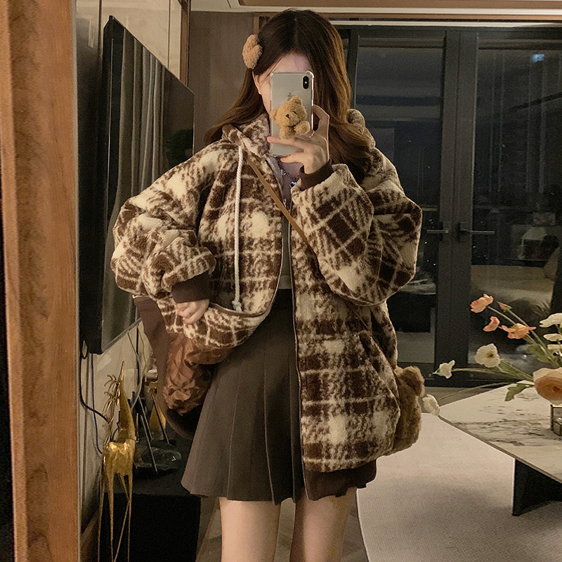 Winter plaid cotton coat long American style coat for women