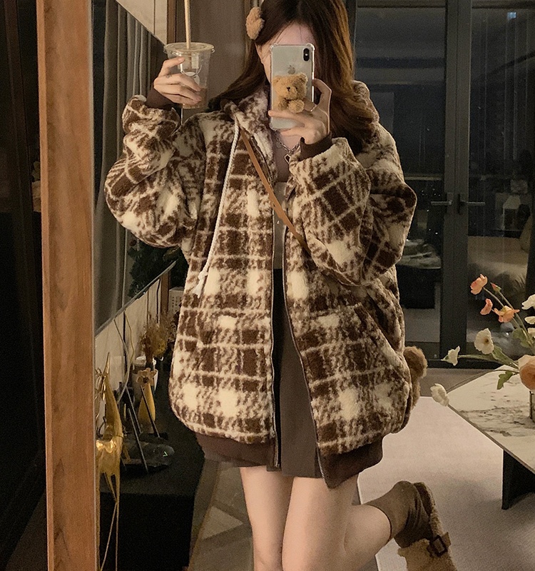 Winter plaid cotton coat long American style coat for women