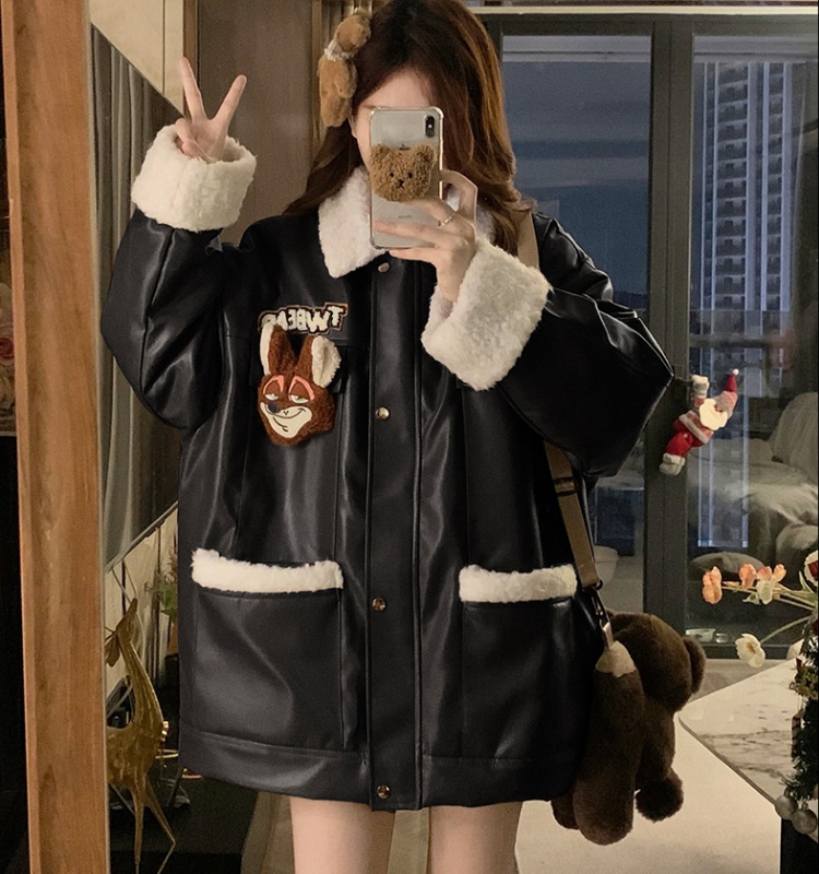 Loose locomotive thermal leather coat winter thick coat