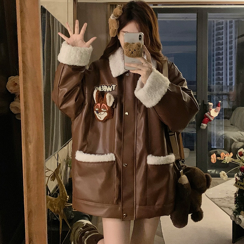 Loose locomotive thermal leather coat winter thick coat