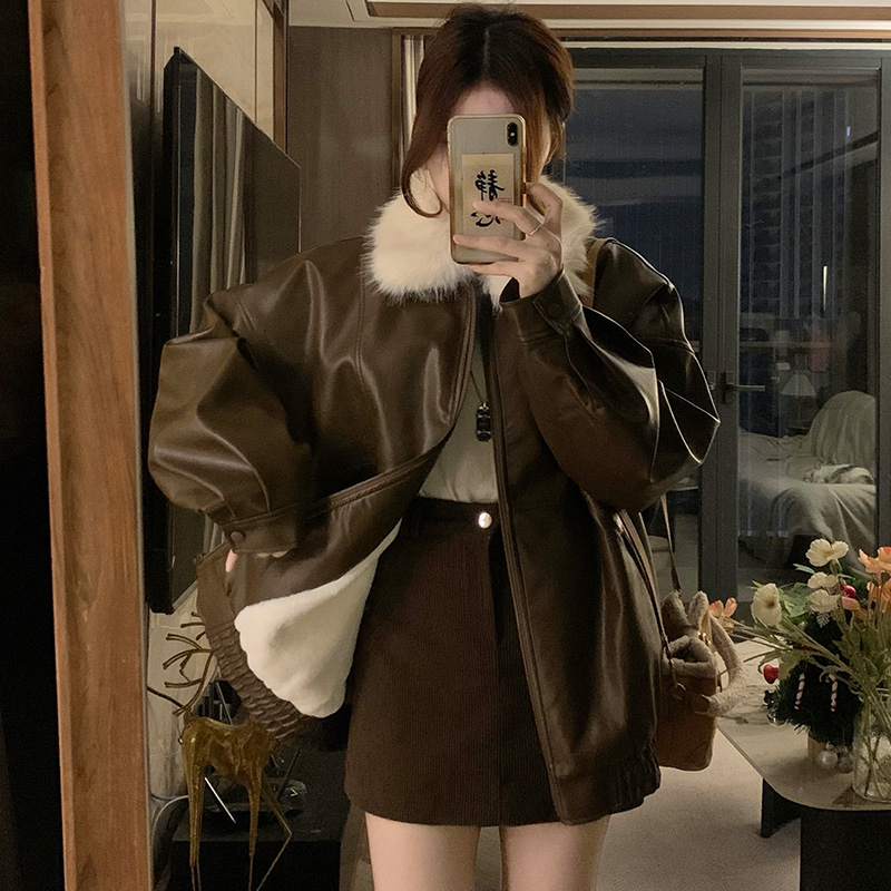 Couples retro leather coat fur collar coat