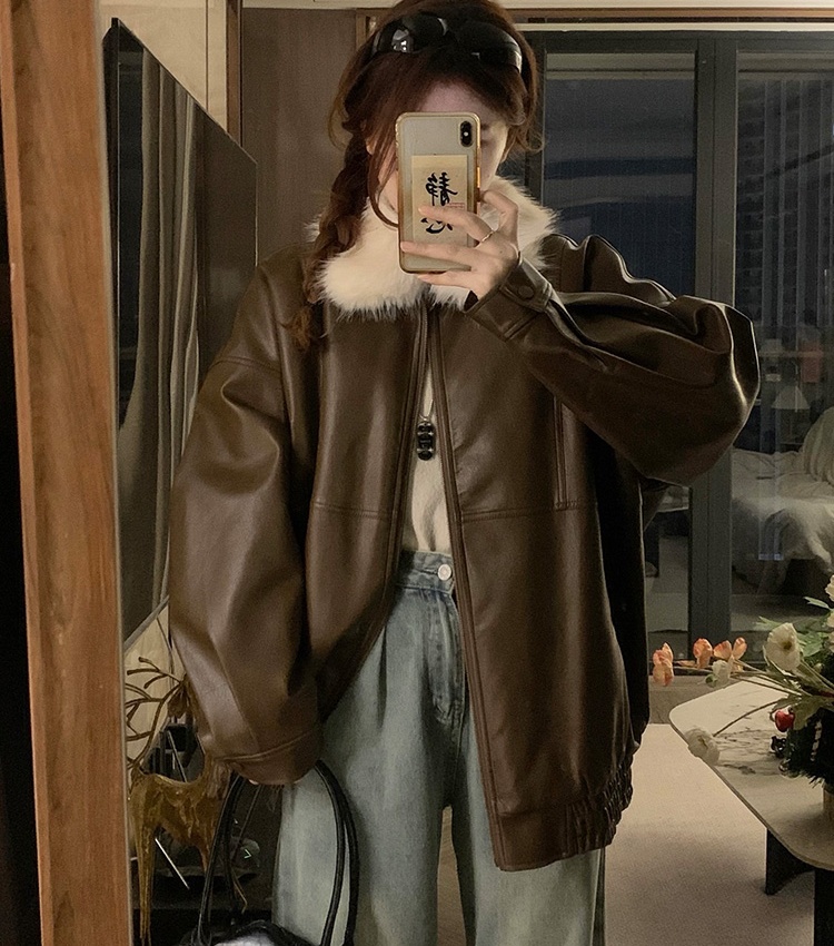 Couples retro leather coat fur collar coat