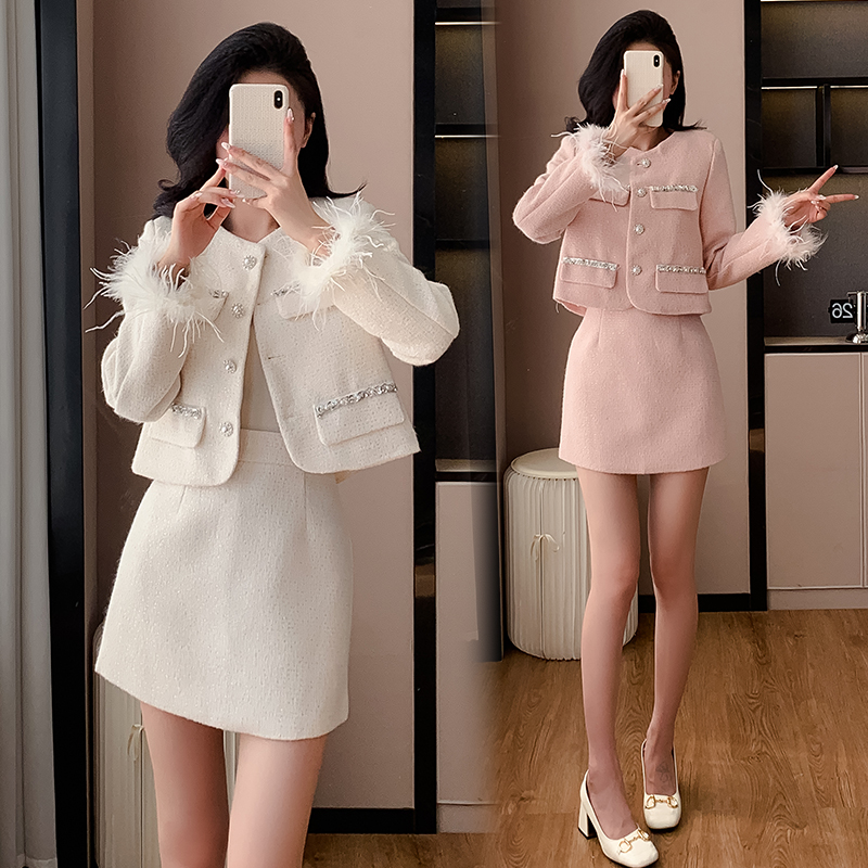 Plus cotton short skirt beading coat 2pcs set