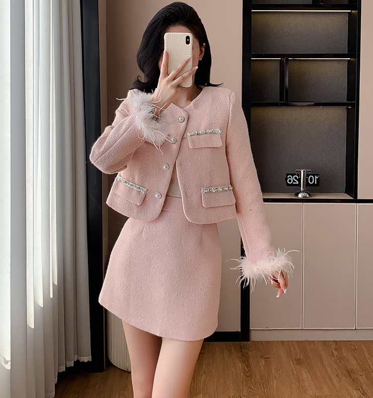 Plus cotton short skirt beading coat 2pcs set