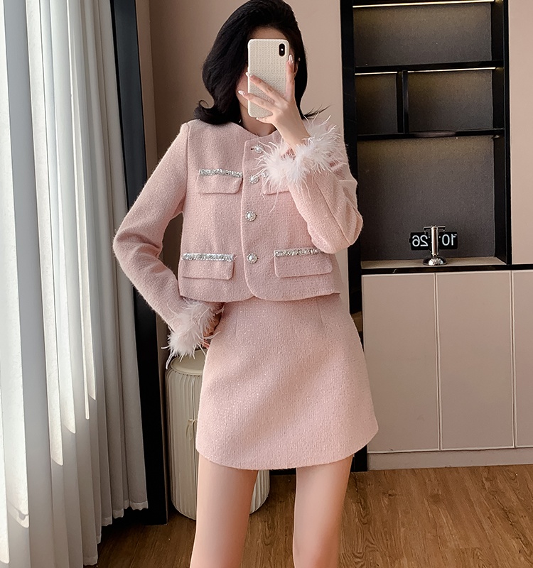 Plus cotton short skirt beading coat 2pcs set