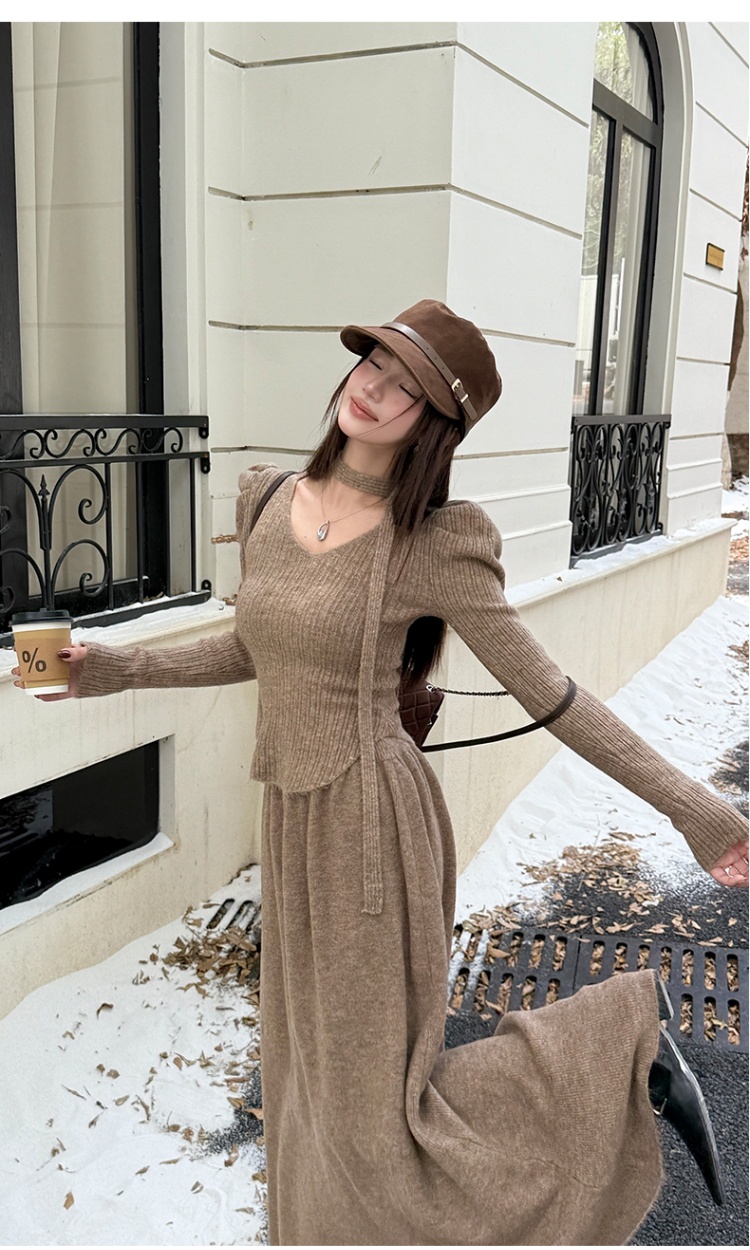 Streamer irregular sweater V-neck skirt 2pcs set