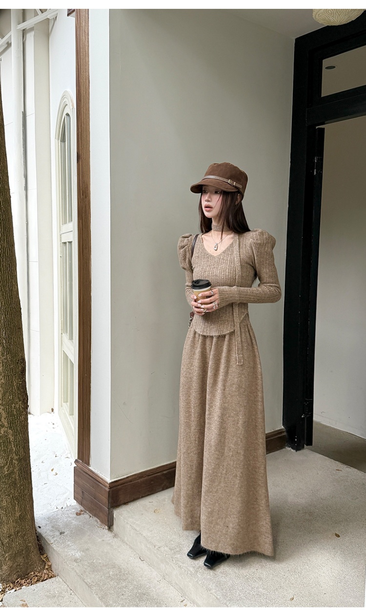 Streamer irregular sweater V-neck skirt 2pcs set