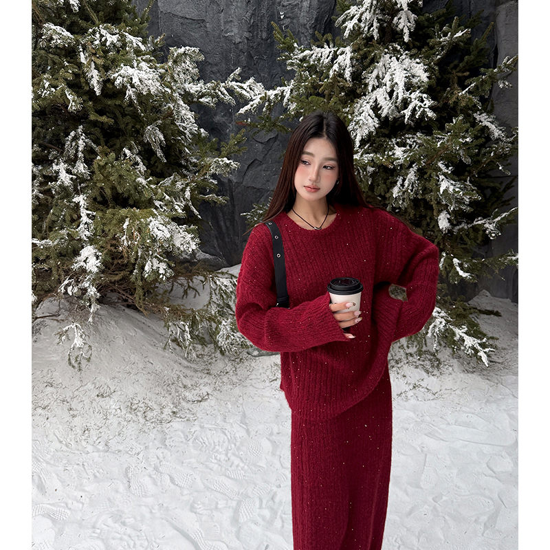 Winter christmas sweater wool short skirt 2pcs set