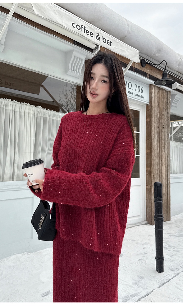 Winter christmas sweater wool short skirt 2pcs set