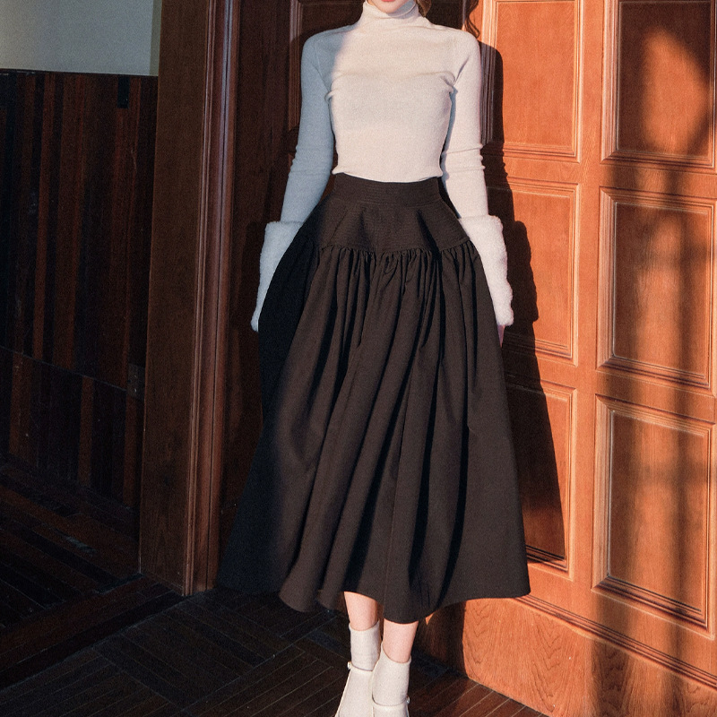 Temperament retro puff skirt high waist pleated skirt