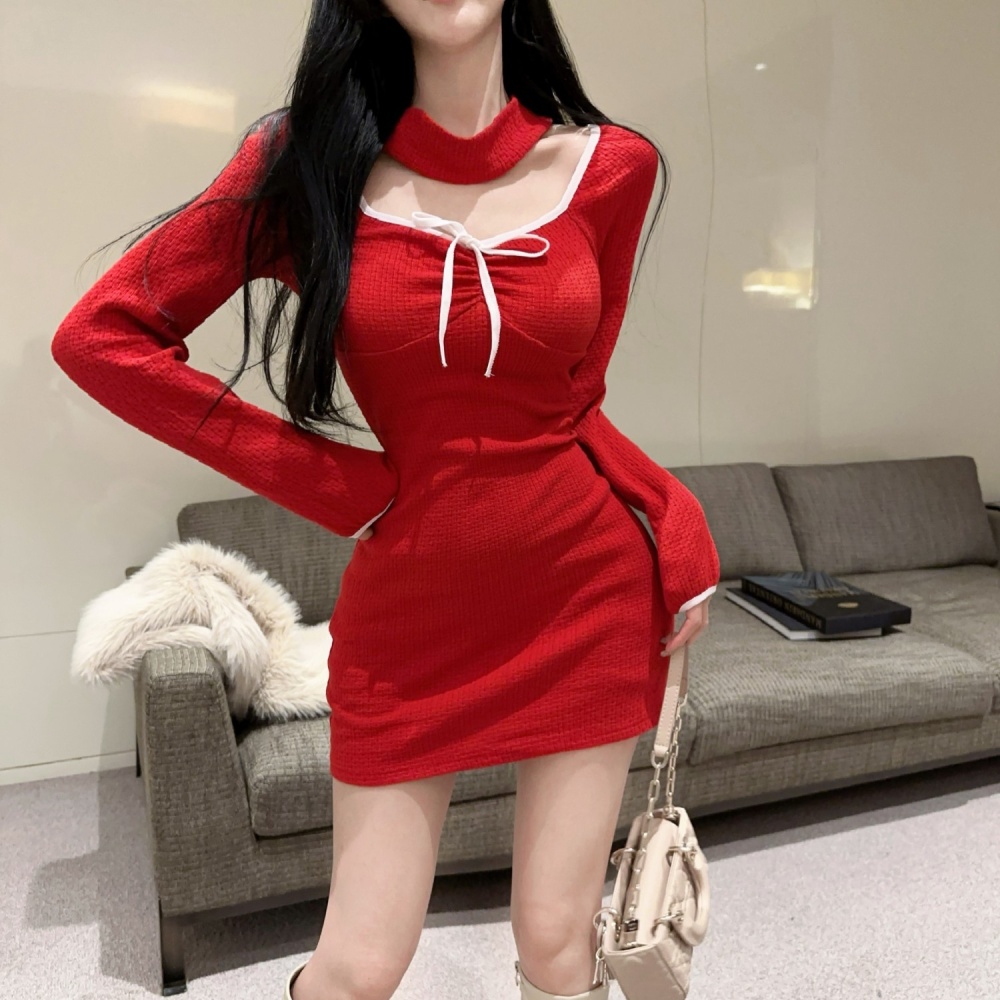 Slim fashion package hip spicegirl long sleeve red dress