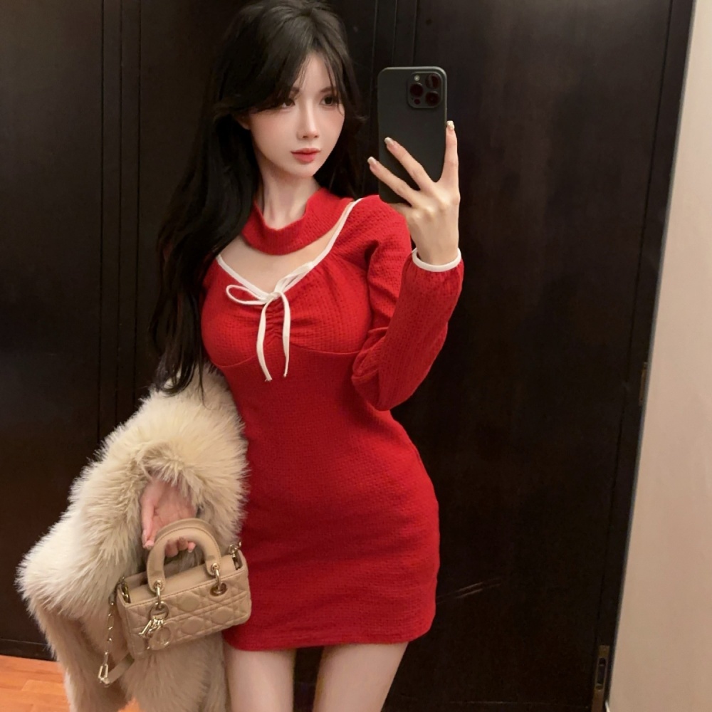 Slim fashion package hip spicegirl long sleeve red dress