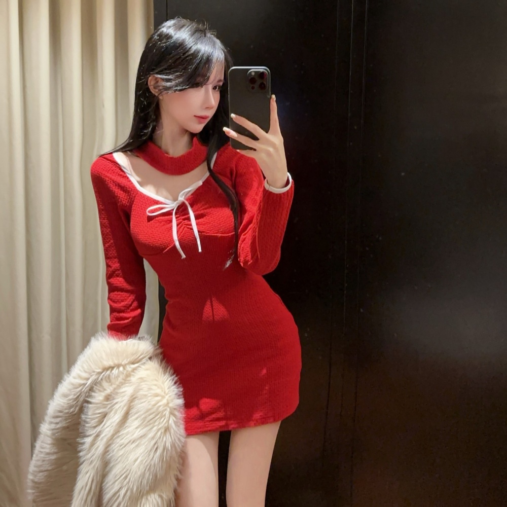 Slim fashion package hip spicegirl long sleeve red dress