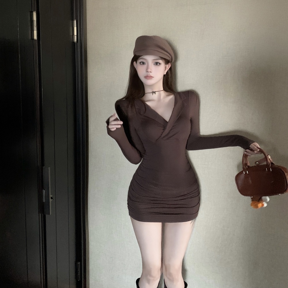 Temperament V-neck slim long sleeve lapel package hip dress