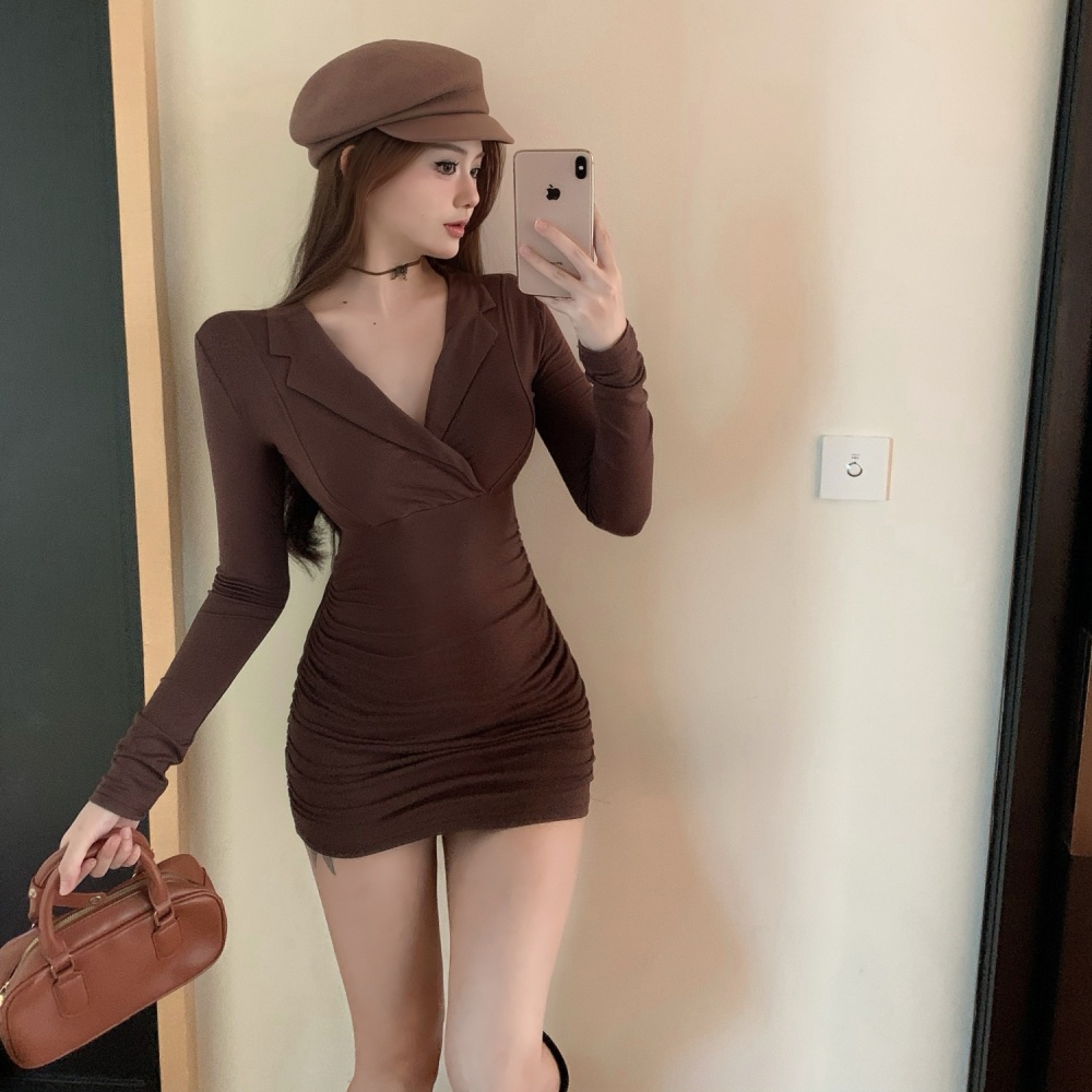 Temperament V-neck slim long sleeve lapel package hip dress