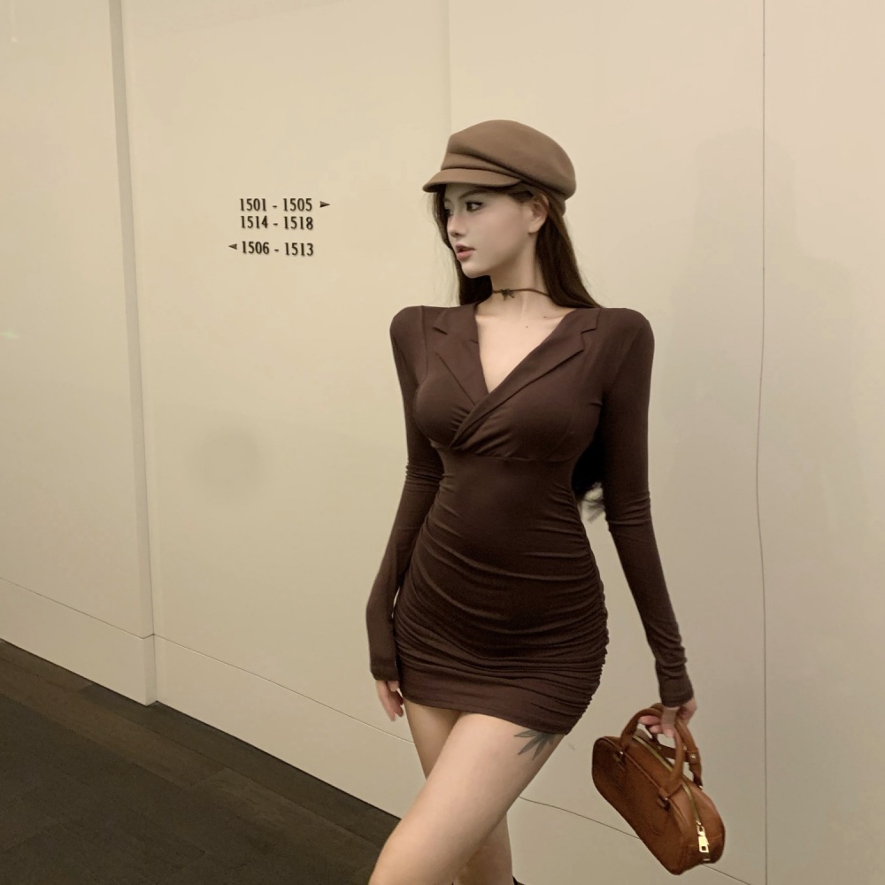 Temperament V-neck slim long sleeve lapel package hip dress