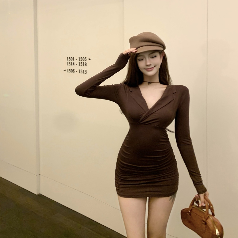 Temperament V-neck slim long sleeve lapel package hip dress