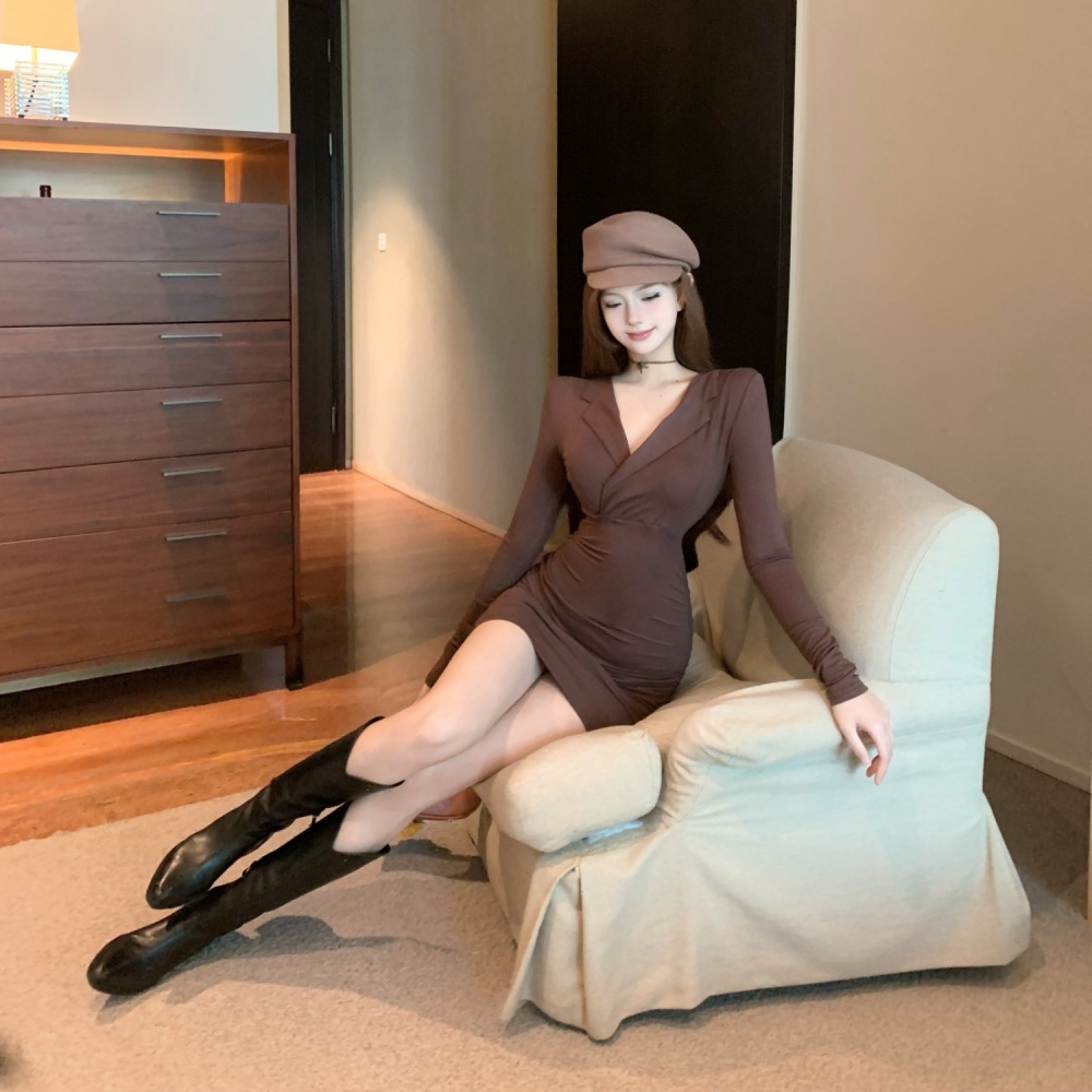 Temperament V-neck slim long sleeve lapel package hip dress