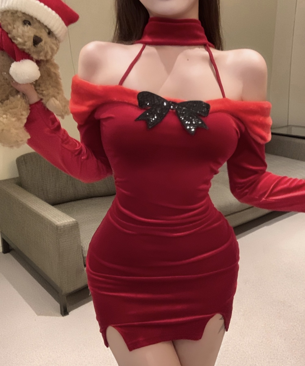 Velvet tight spicegirl enticement christmas dress for women