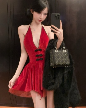 Halter sexy V-neck formal dress christmas red dress