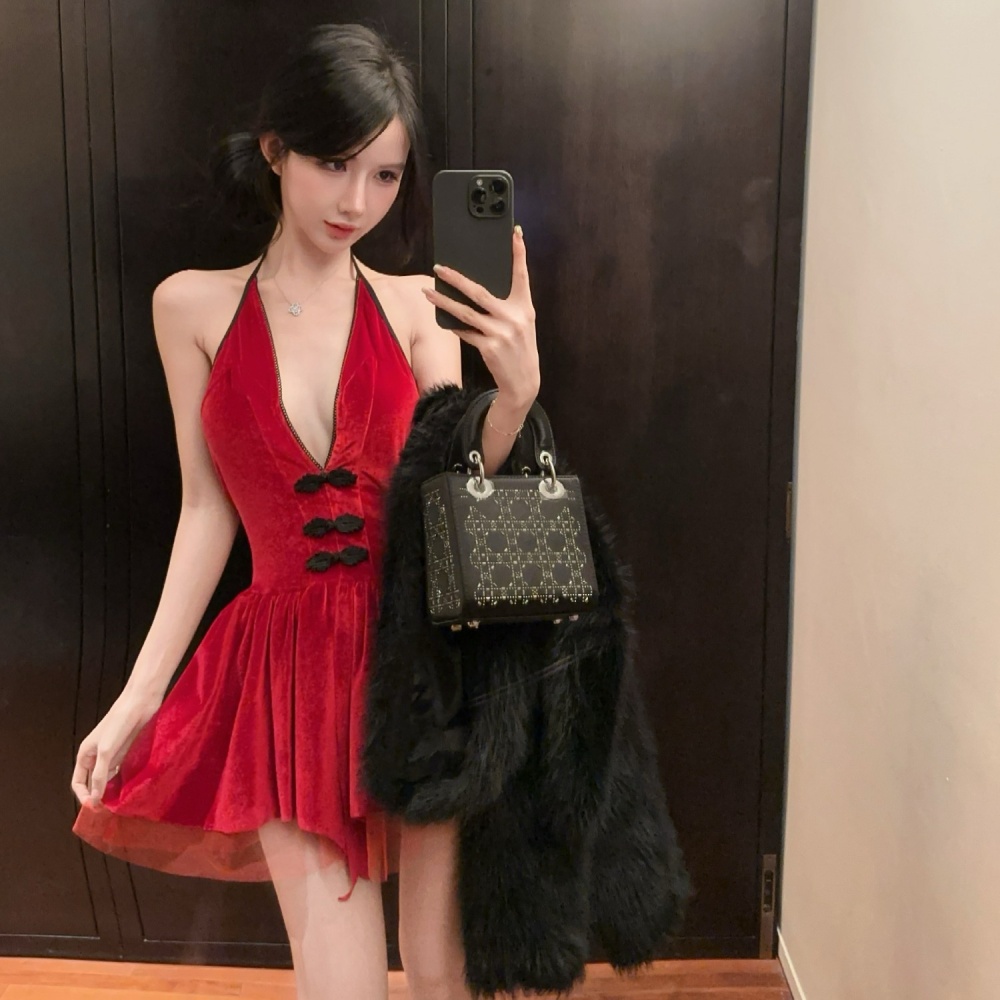 Halter sexy V-neck formal dress christmas red dress