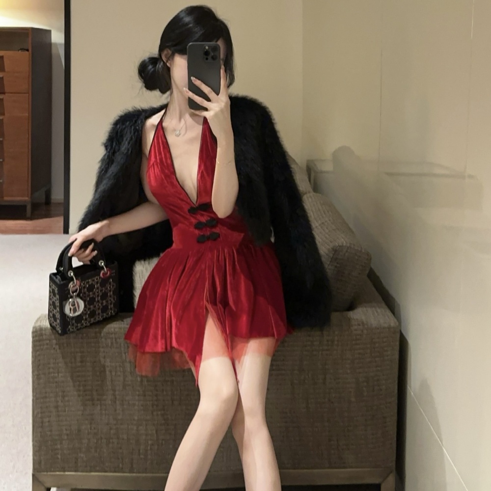 Halter sexy V-neck formal dress christmas red dress