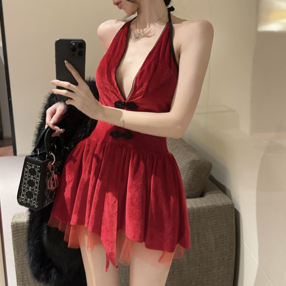 Halter sexy V-neck formal dress christmas red dress