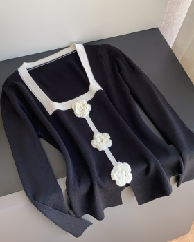 Slim square collar sweater flowers tops for women