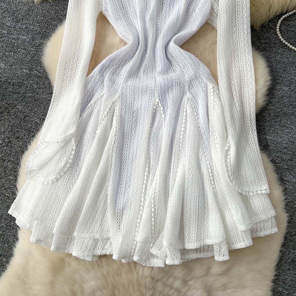 Lotus leaf edges knitted mesh winter dress for women