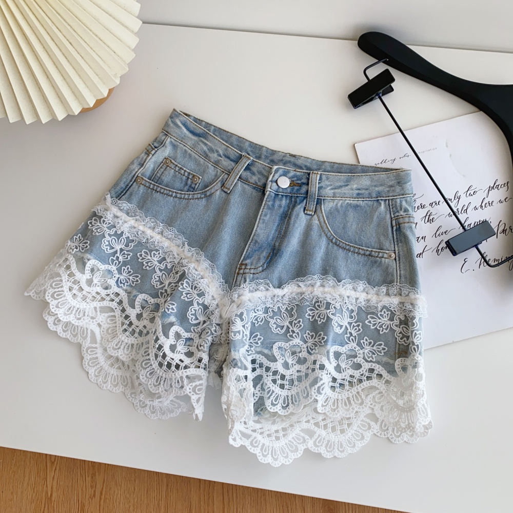 Wide leg lace short jeans A-line shorts for women