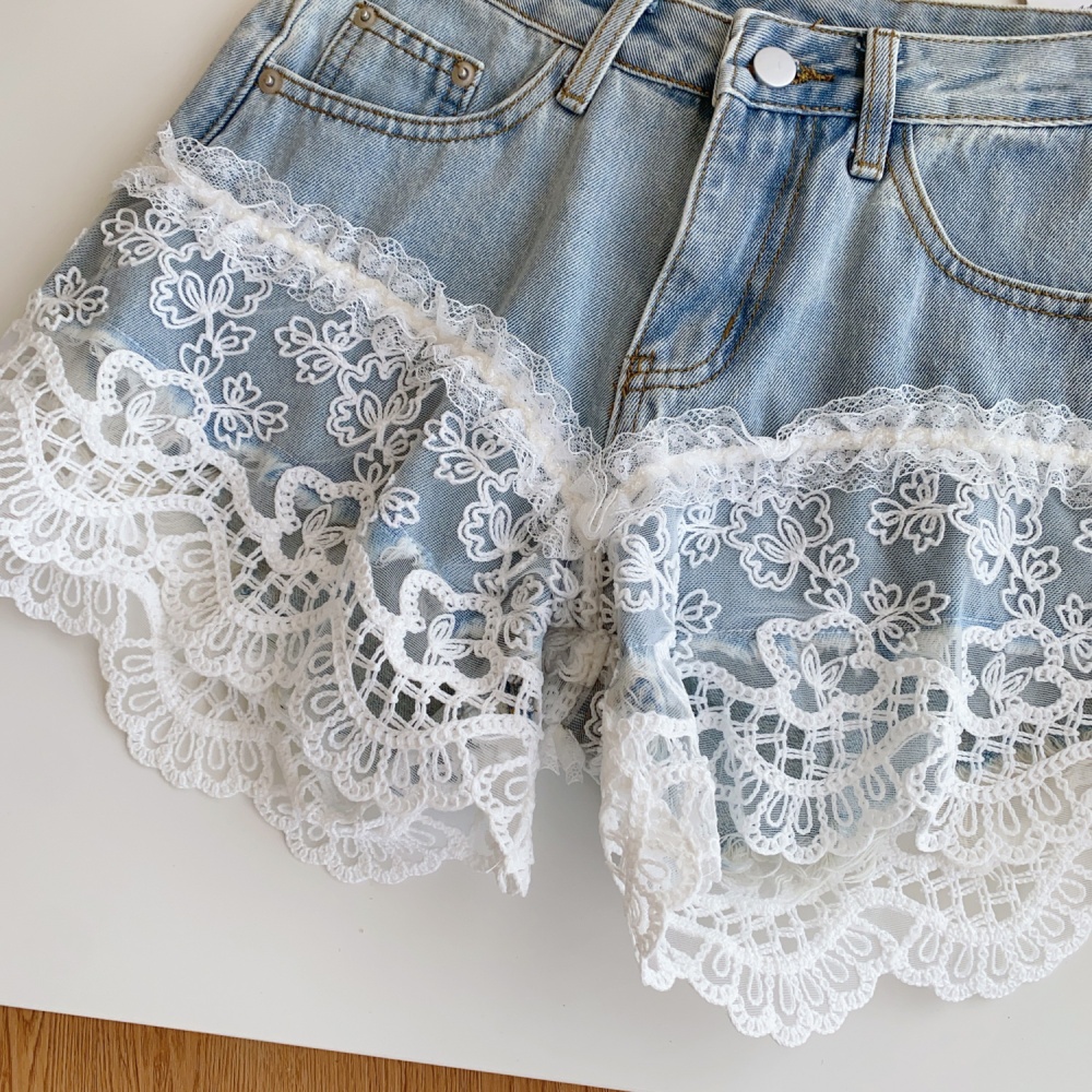 Wide leg lace short jeans A-line shorts for women