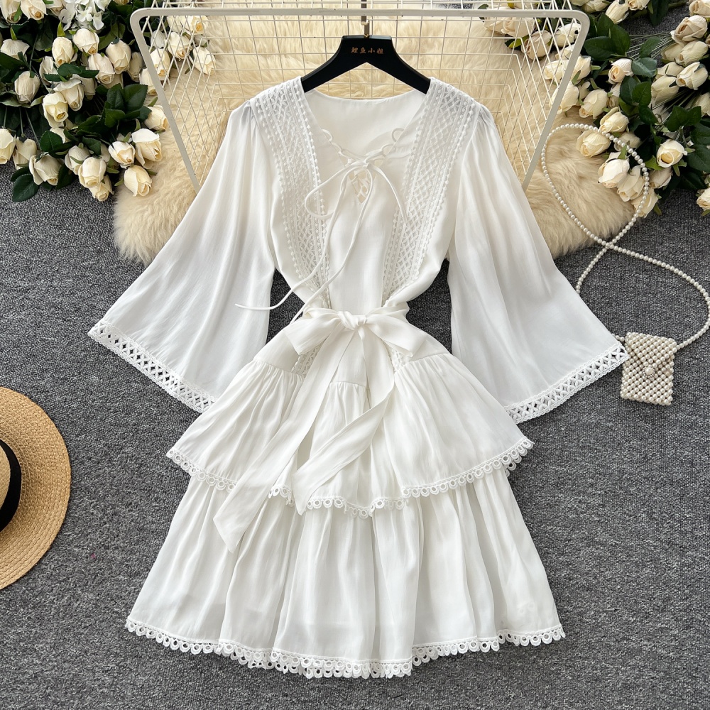 Splice lace tender dress pinched waist lady T-back for women