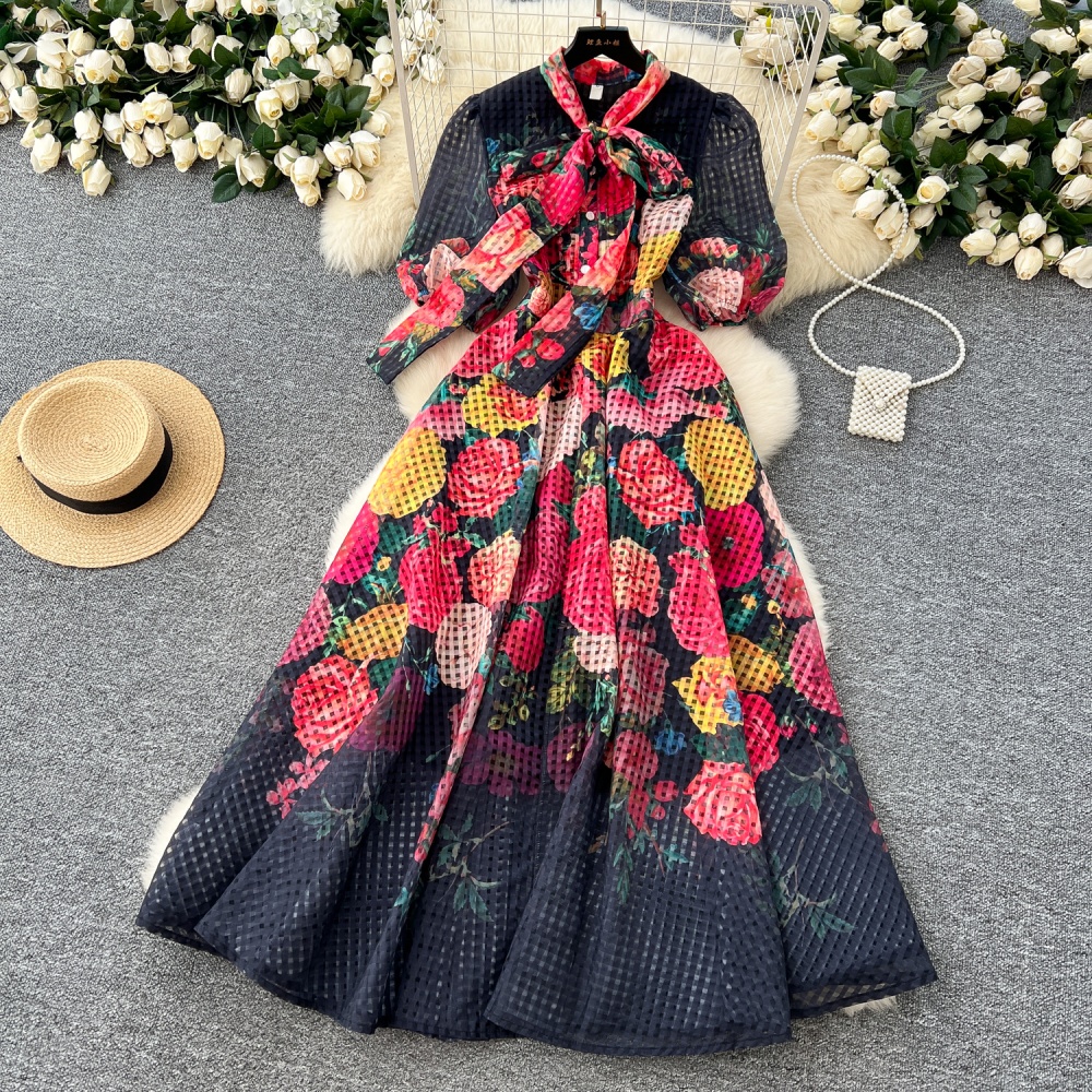 Bow printing dress France style slim long dress for women