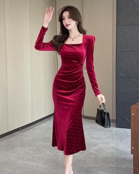 Printing package hip long dress golden velvet dress