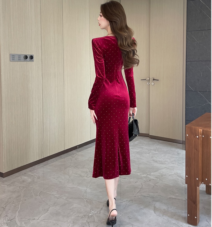 Printing package hip long dress golden velvet dress