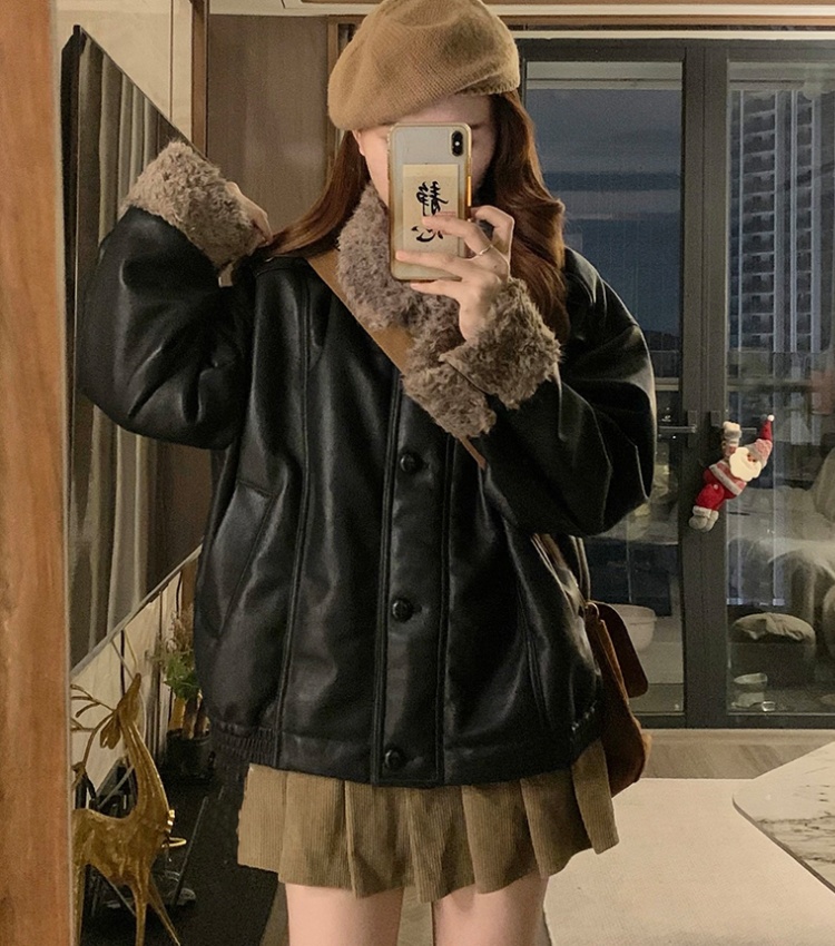 Winter lapel coat locomotive loose leather coat for women