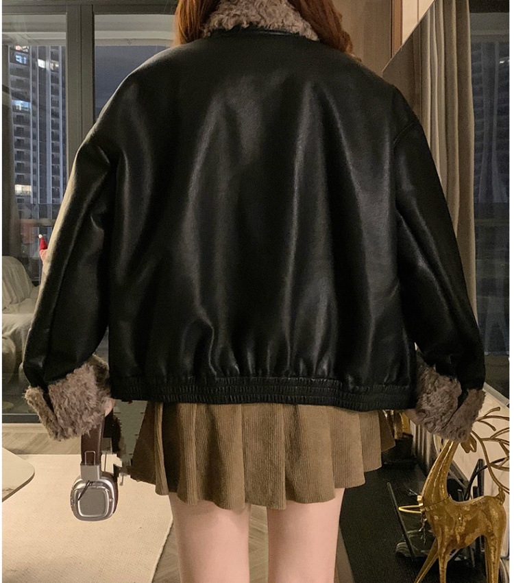 Winter lapel coat locomotive loose leather coat for women