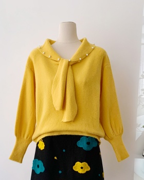 Korean style beading bow show young loose lapel sweater