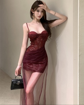 Lace sling splice spicegirl slim gauze long dress