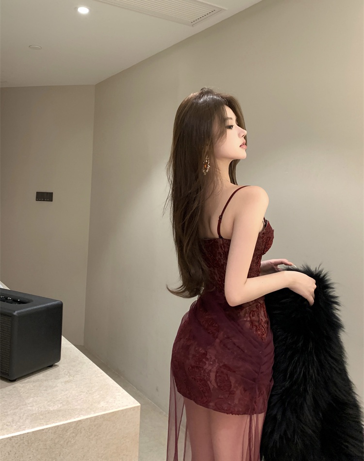 Lace sling splice spicegirl slim gauze long dress