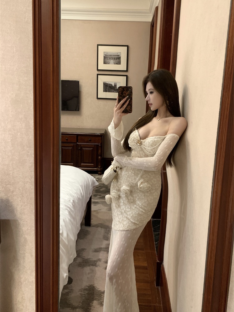 Slim flat shoulder banquet dress lace long formal dress