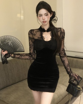 Short package hip slim hollow velvet long sleeve dress