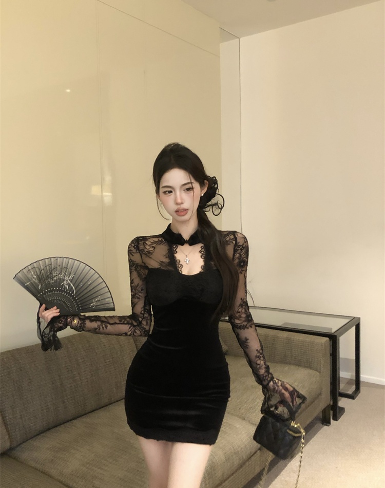 Short package hip slim hollow velvet long sleeve dress