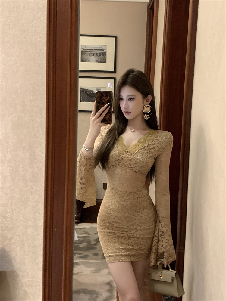 Hollow slim lace V-neck package hip spicegirl dress