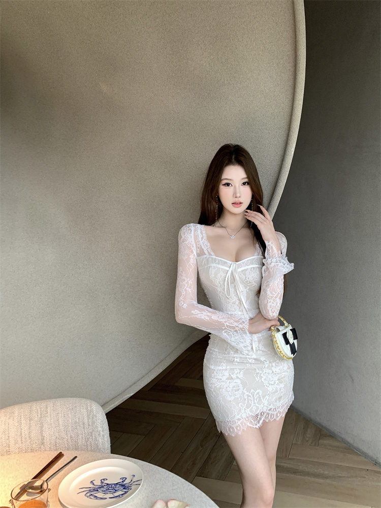 Lace short slim hollow long sleeve France style dress