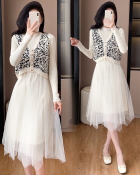 Splice Western style sweater autumn and winter dress 2pcs set