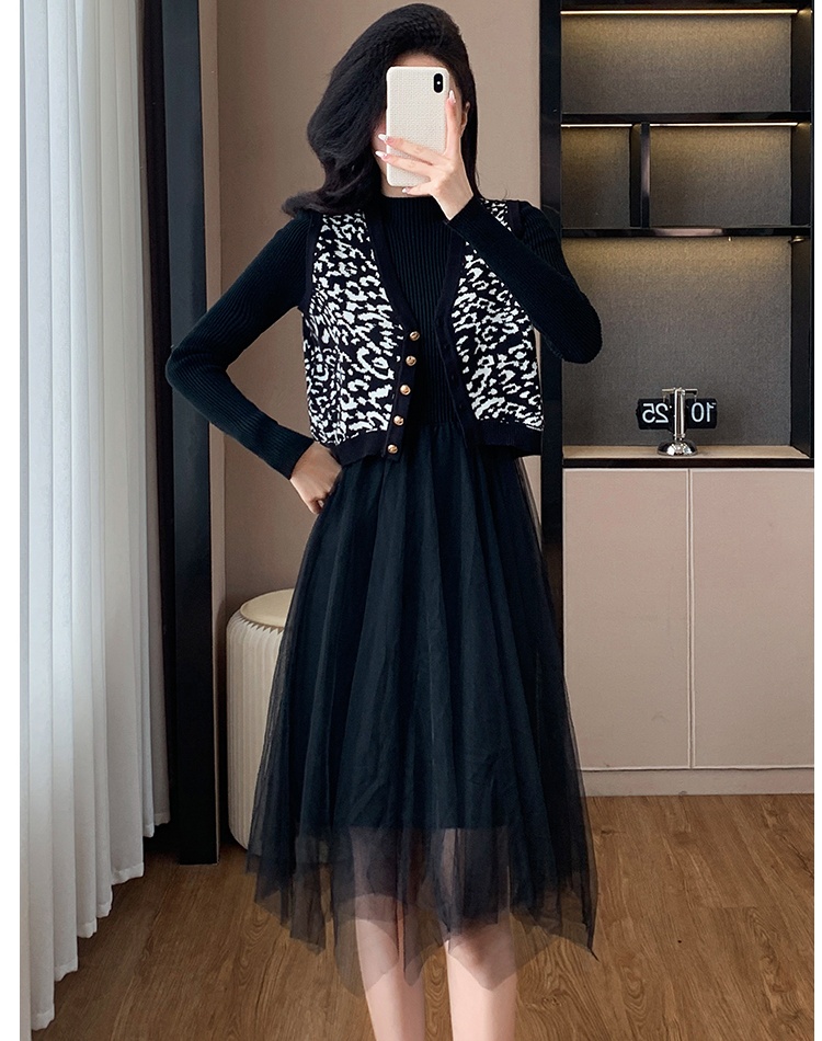 Splice Western style sweater autumn and winter dress 2pcs set