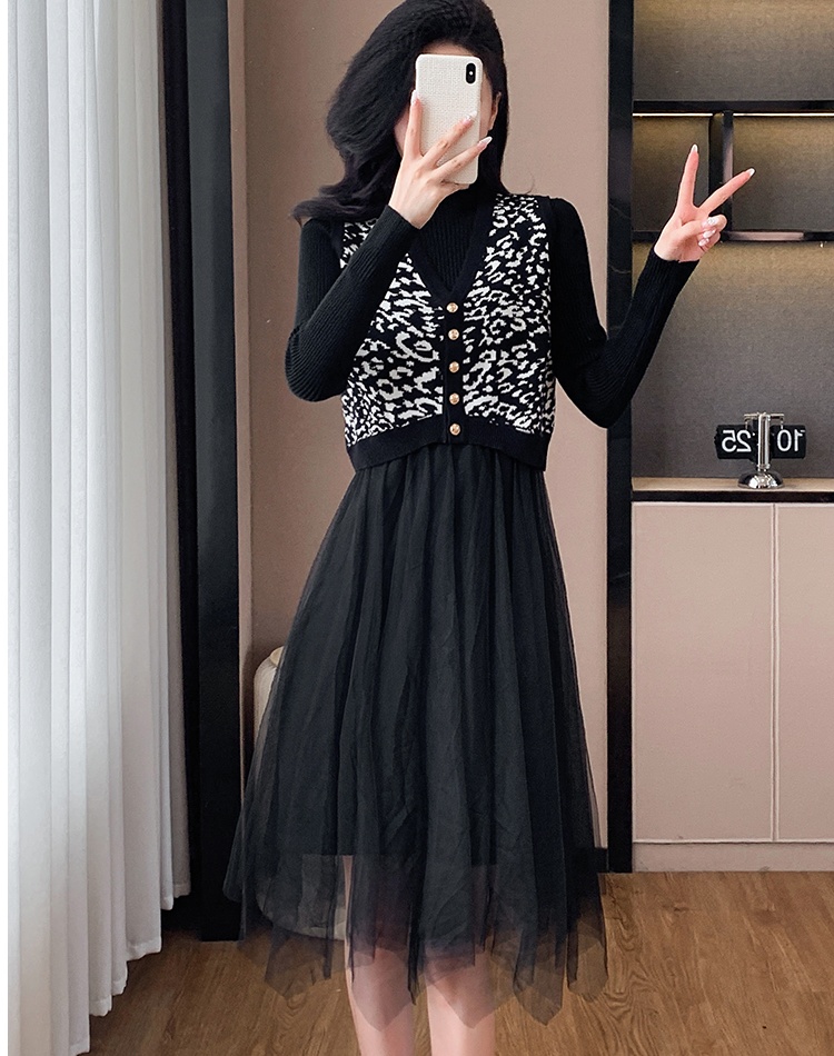 Splice Western style sweater autumn and winter dress 2pcs set