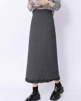 High waist Korean style woolen A-line slim skirt